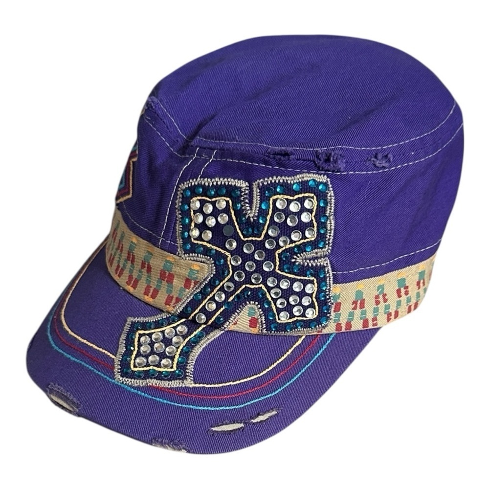 Rhinestone Cross Cadet Hat Purple L.O.G.A. Distressed Military Cap Adjustable